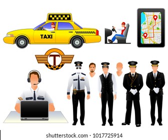 Conductores de taxi uniforme y camión de taxi amarillo. Operador y smartphone. Ilustración del vector, aislada en blanco