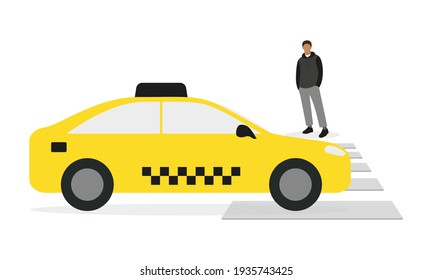 Taxi is driving along the road and a male character is standing in front of a pedestrian crossing