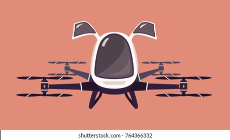 Taxi drone or passenger quadcopter. Flying futuristic rotor vehicle. Modern unmanned electric aircraft or automated quadrotor isolated on pink background. Cartoon colorful vector illustration. 