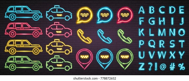 Taxi Elements Car, Chat and Pin Different Colours Vector Graphic Bright. Blue Neon Colour Alphabet 