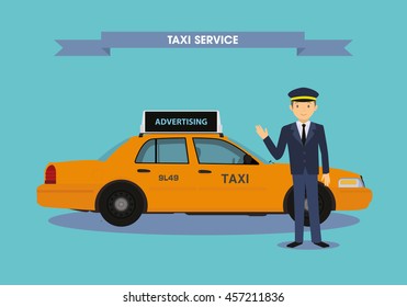 Taxi with an excellent driver. Vector illustration.