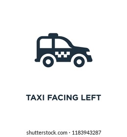 Taxi Facing Left icon. Black filled vector illustration. Taxi Facing Left symbol on white background. Can be used in web and mobile.