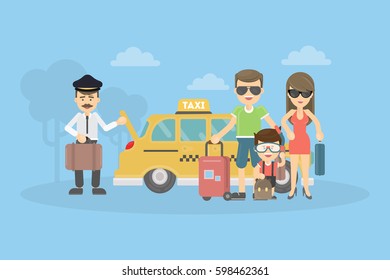 Taxi for family. People on the vacation. Summer time.