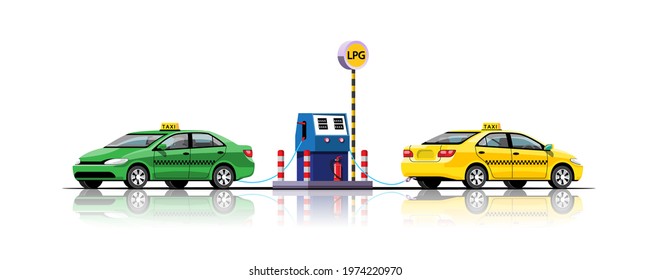 Taxi filling up energy at LPG gas station, flat design vector illlustration