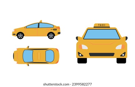 Taxi Flat design illustration, Public Vehicles , top view, side view, front view, isolated by white background