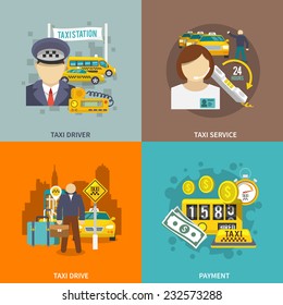 Taxi flat icons set with driver service drive payment isolated vector illustration.
