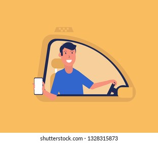 Taxi flat illustration with smiling driver male character in car in uniform. Poster with city cab in vector design.