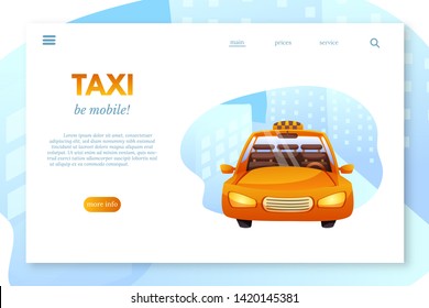 Taxi flat vector landing page template. Car sharing, carpooling service cliparts collection. Automobile in city. Taxi company