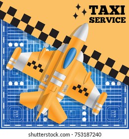 Taxi in the form of an airplane on the city plan. View from above. Template design presentation. Vector illustration.