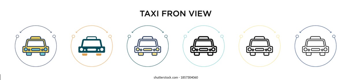 Taxi fron view icon in filled, thin line, outline and stroke style. Vector illustration of two colored and black taxi fron view vector icons designs can be used for mobile, ui, web