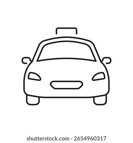 Taxi Front View Line Icon. Urban Transportation, Taxi Service, And Ride-Hailing Outline Symbol. Public Transport And Commuting. Editable Stroke. Isolated Vector Illustration.