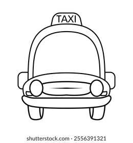 Taxi Front View Outline Vector Illustration. The drawing features a prominent "TAXI" sign on the roof, round headlights, a curved windshield, and a simple bumper design.