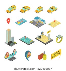 Taxi and gadgets isometric set including cars, houses, payment card, map, smart watch, baggage isolated vector illustration  