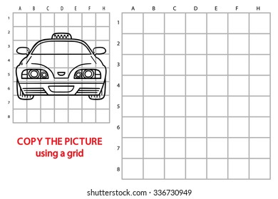 taxi game. Vector illustration of grid copy puzzle with taxi car for children