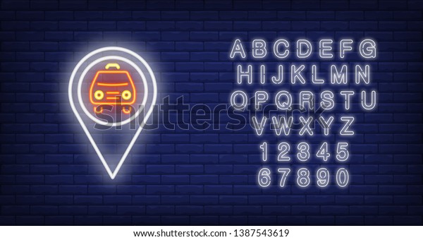 Taxi geolocation neon sign. White map pointer\
with car. Night bright advertisement. Vector illustration in neon\
style for location and\
direction