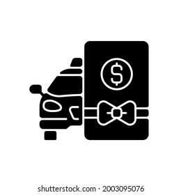 Taxi gift card black glyph icon. Delivery service. Seasonal discount on transportation. Gift certificate car icon. Card with bow. Silhouette symbol on white space. Vector isolated illustration