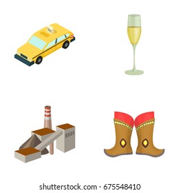 Taxi, glass of wine and other web icon in cartoon style. factory, boots icons in set collection.