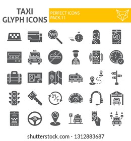 Taxi glyph icon set, car symbols collection, vector sketches, logo illustrations, cab signs solid pictograms package isolated on white background, eps 10.