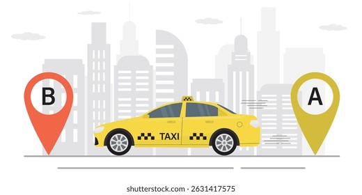 Táxi vai para o destino. Alfinetes gigantes na estrada, localização, navegação. Serviço de transporte. Cabine amarela na vista da cidade, veículo de passageiros, automóvel de viagem. ilustração vetor plana