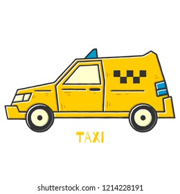 Taxi. Hand-Drawn Taxi Car. Cartoon Taxi car on white background isolated. Stock Vector Illustration. Cartoon style. 