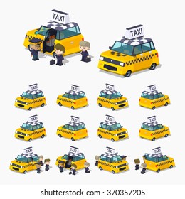 Taxi hatchback with the passengers. 3D lowpoly isometric vector illustration. The set of objects isolated against the white background and shown from different sides