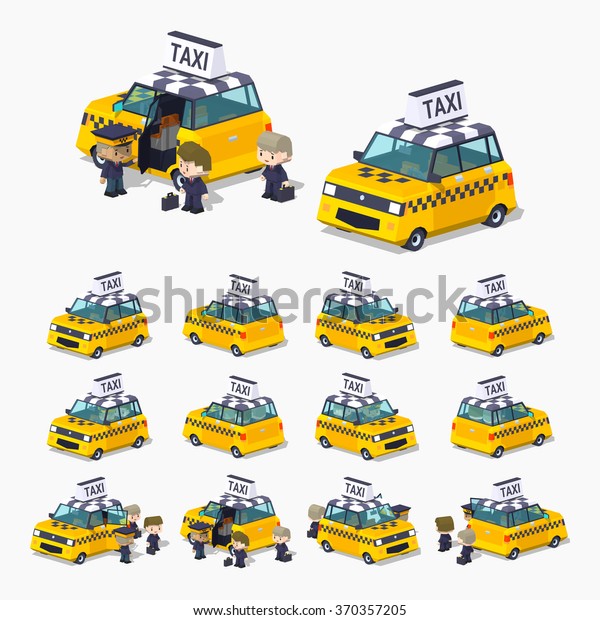 Taxi hatchback\
with the passengers. 3D lowpoly isometric vector illustration. The\
set of objects isolated against the white background and shown from\
different sides