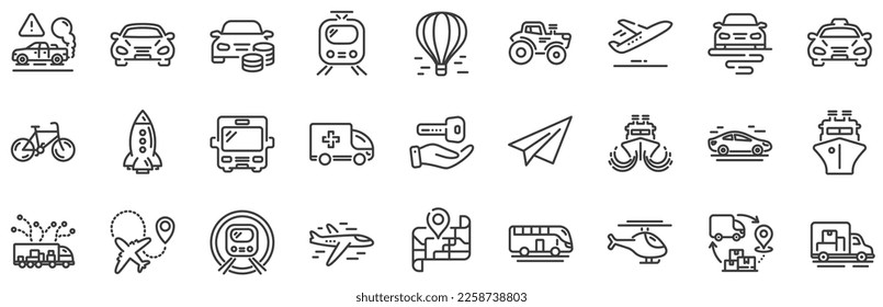 Taxi, Helicopter and subway train icons. Transport line icons. Truck car, Tram and Air balloon transport. Bike, Airport airplane and Ship, subway. Travel bus, ambulance car, paper airplane. Vector