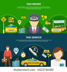 Taxi horizontal banners set with editable text and images of taximeter driver and passenger faceless characters vector illustration