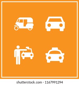 taxi icon. 4 taxi vector set. car frontal view, cab, tuk tuk and taxi front view icons for web and design about taxi theme