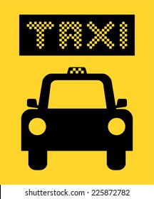 Taxi icon. Black silhouette of car shape isolated on yellow background with text. Taxi stop road sign symbol - simple design, vector art image illustration