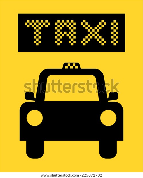 Taxi icon. Black silhouette of car
shape isolated on yellow background with text. Taxi stop road sign
symbol - simple design, vector art image
illustration