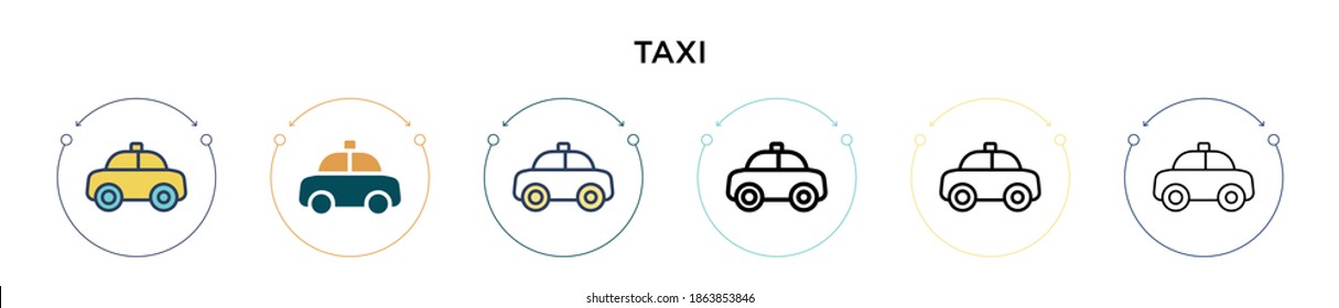 Taxi icon in filled, thin line, outline and stroke style. Vector illustration of two colored and black taxi vector icons designs can be used for mobile, ui, web