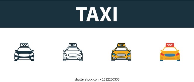 Taxi icon set. Four elements in diferent styles from tourism icons collection. Creative taxi icons filled, outline, colored and flat symbols.