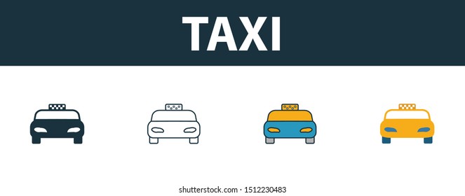 Taxi icon set. Four elements in diferent styles from travel icons collection. Creative taxi icons filled, outline, colored and flat symbols.