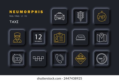 Taxi icon set. ID card, passport, data, phone, call, silhouette, driver, uniform, 24 hour work, steering wheel, sign, traffic light, car. Transportation service concept. Vector line icon.