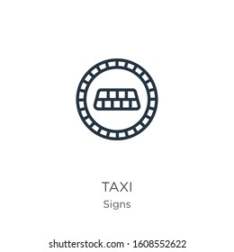 Taxi icon. Thin linear taxi outline icon isolated on white background from signs collection. Line vector sign, symbol for web and mobile