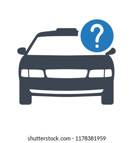 Taxi icon, transportation, taxi cab, travel concept icon with question mark. Taxi icon and help, how to, info, query symbol