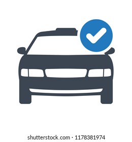 Taxi icon, transportation, taxi cab, travel concept icon with check sign. Taxi icon and approved, confirm, done, tick, completed symbol