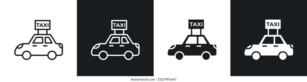 Conjunto de iconos de Vector de icono de taxi negro relleno y estilo delineado.