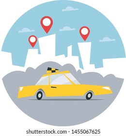 Taxi icon. Yellow cab on the background of the city with order marks. Flat vector illustration.
