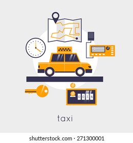 Taxi icons in circle. Car, clocks, maps, directions, key, radio. Flat icons vector illustration.