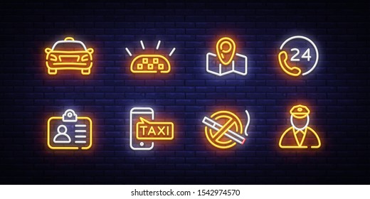 Taxi icons neon set. Taxi service neon signs design template. Bright signboard, light banner, Isolated icon. Vector Illustration.