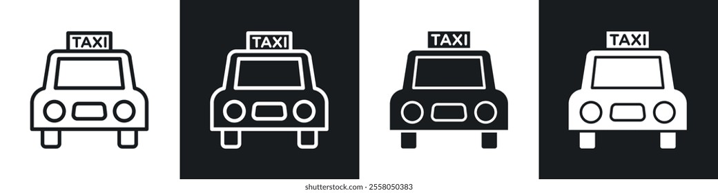 Taxi icons pack in black and white filled and outlined versions.