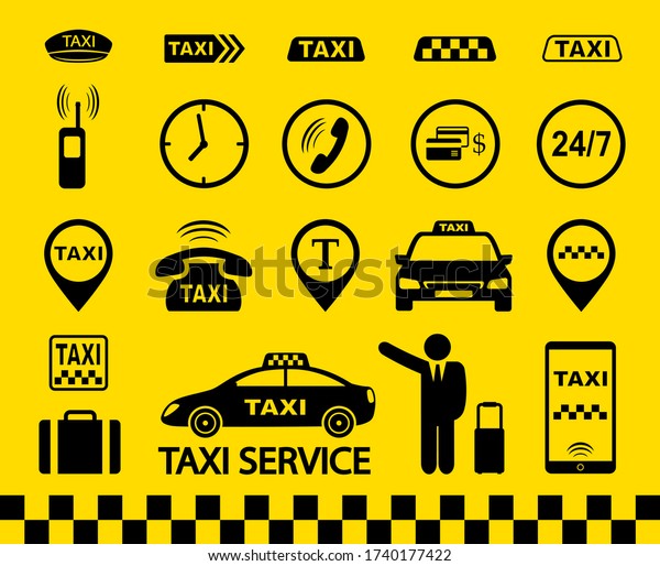 taxi icons set\
with car, passenger, sign of taxi stop, smartphone with application\
on yellow checkered\
background