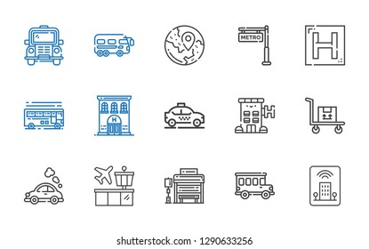 taxi icons set. Collection of taxi with hotel, bus, bus stop, airport, vehicle, transportation, metro, travel. Editable and scalable taxi icons.