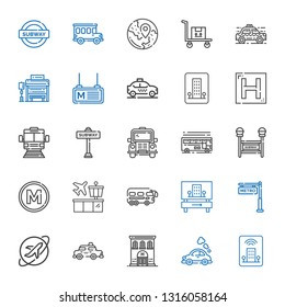 taxi icons set. Collection of taxi with hotel, vehicle, travel, metro, bus, airport, subway, bus stop, transportation. Editable and scalable taxi icons.