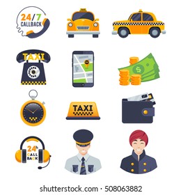 Taxi icons set with order driver isolated on white