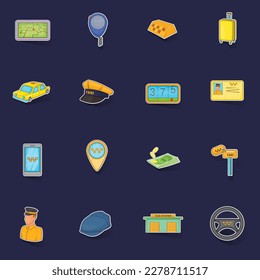 Taxi icons set stikers collection vector with shadow on purple background