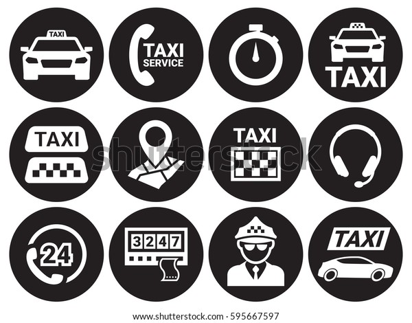 Taxi icons set.
White on a black
background