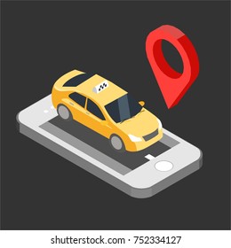 taxi isometric concept  with the pin location design, vector illustration, EPS10